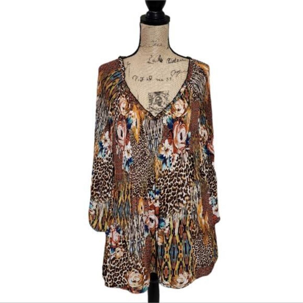 Ninety Clothing Co Womens 2X Tunic Top Leopard Floral Mixed Print Pleated V-Neck